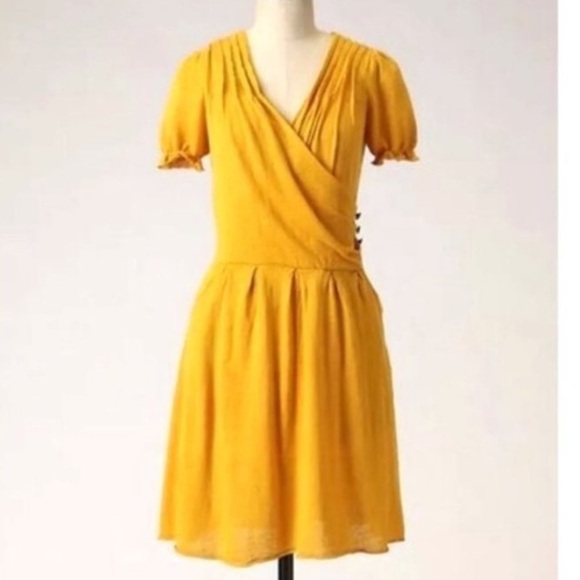 Moth By Anthropologie Mustard Color Sweater Wrap Puff Sleeve Mini Dress - Picture 1 of 14